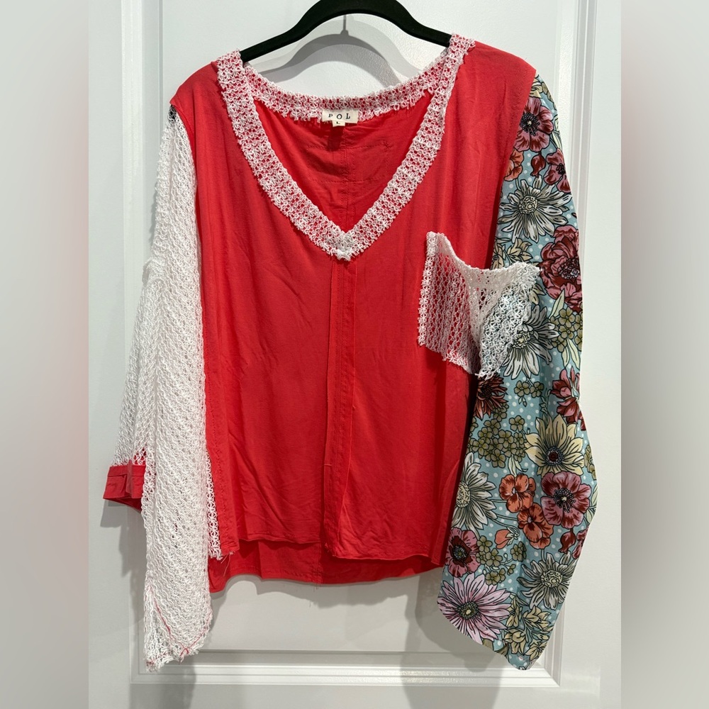 POL Women's Red Top with Floral Sleeves NWOT